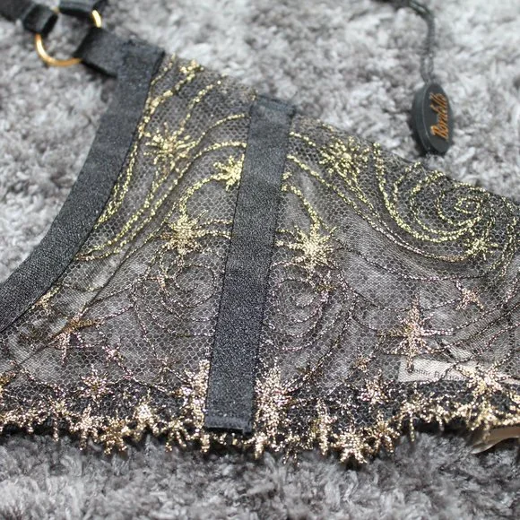 SOLD Bordelle Selene Open Ouvert Wire Bra Thong set Black Gold star embroidery - Picture 9 of 12